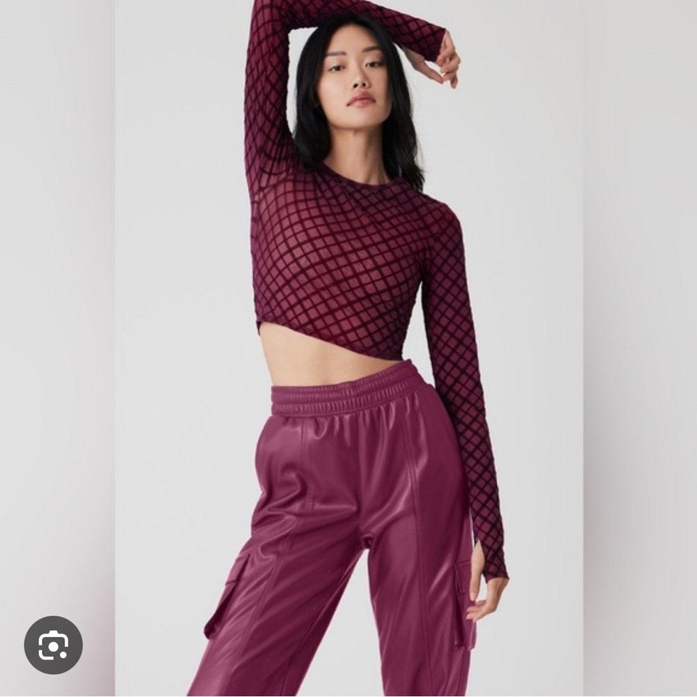 Alo Yoga Very Berry plaid mesh top long sleeve sz small